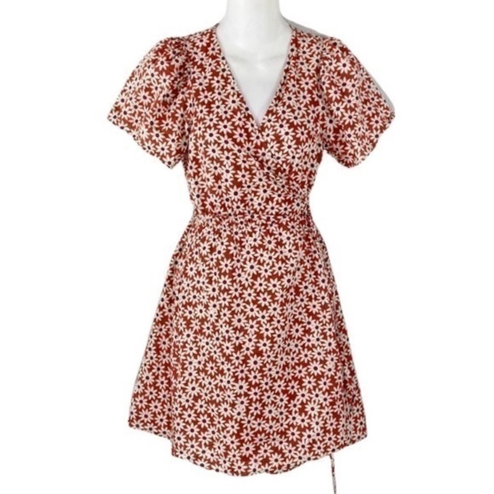 Madewell Short Sleeve Wrap Dress in Packed Picnic Daisy Russet M9271 XS QQ20